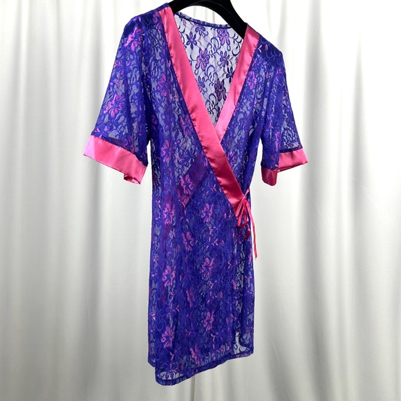 Vintage Purple Lace Wrap Robe Pink Satin Trim 80s Lingerie - Picture 4 of 16